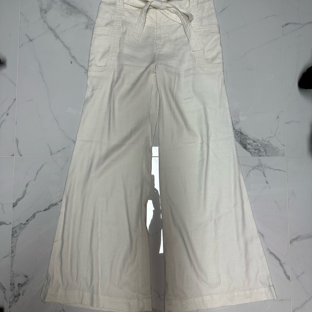Anthropologie White Ivory Belted Wide Leg Linen Pant Size 26